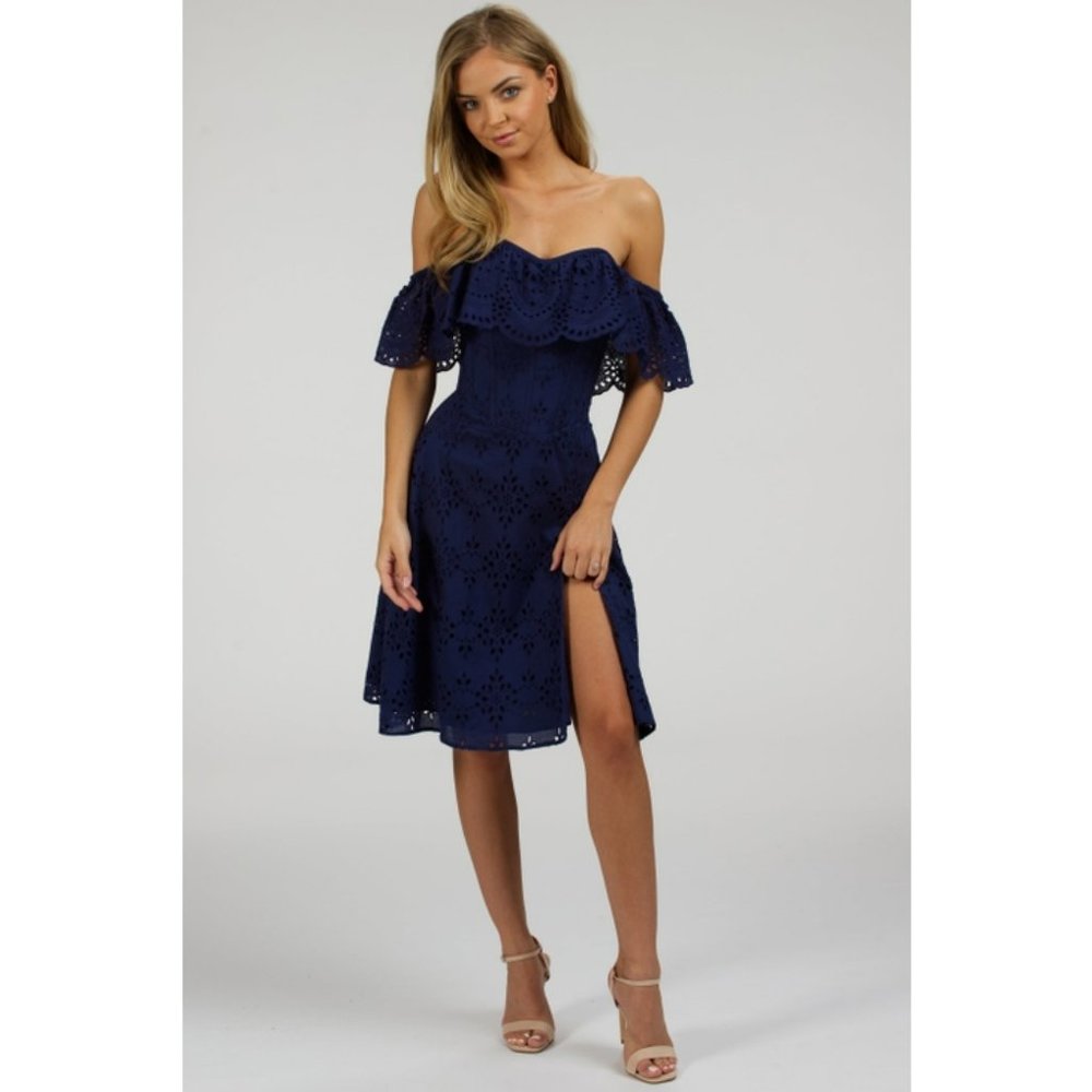 Peony Summer Navy Broderie Anglaise Cotton Corset Dress With Off The Shoulder Fr